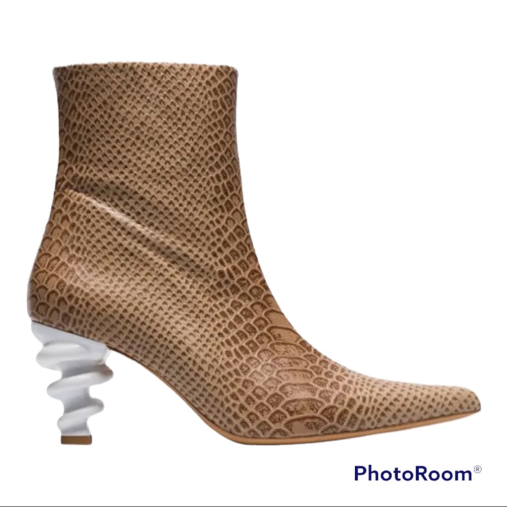 KALDA Island 70 Tan Leather Snakeskin Twisted Heel Ankle Boot US Size 8 …